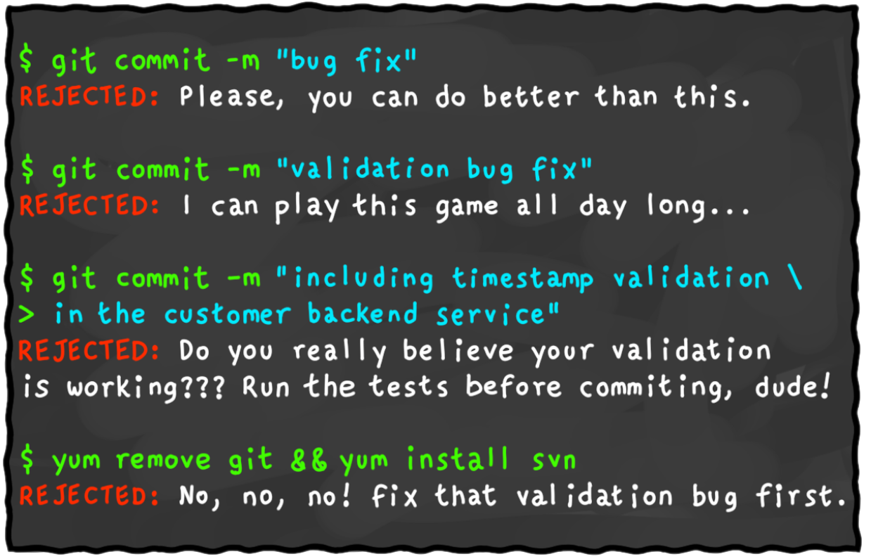 Karrikatur, wie eine KI git Commits abweist wegen mangelnder Sorgfalt
