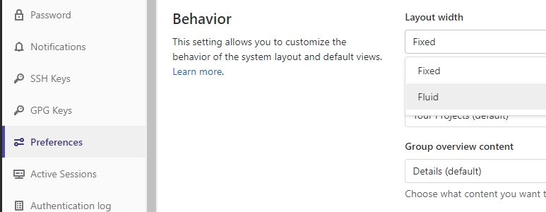 Gitlab-Benutzereinstellungen: Layout auf Fluid stellen.